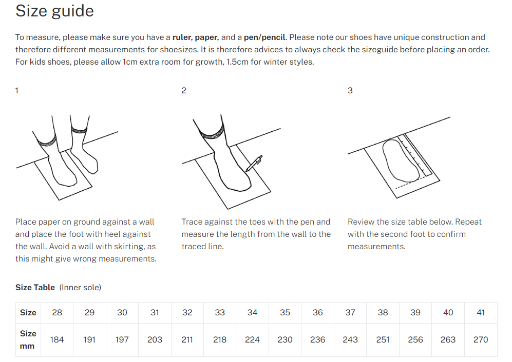Beito size chart 28–41